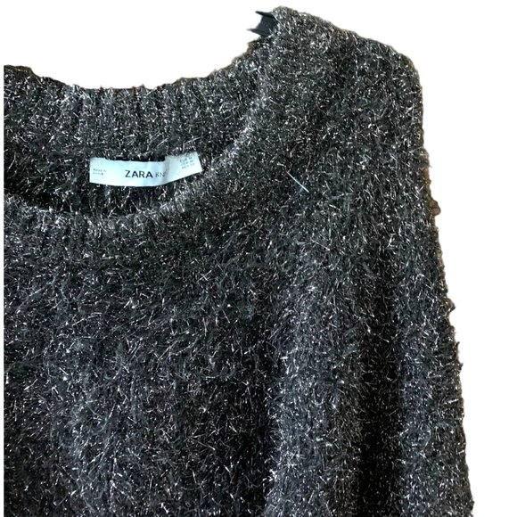 Zara Knit Womens Size Medium Pullover Black Gold Speckles Flecks Crew Neck Fuzzy - Picture 2 of 4